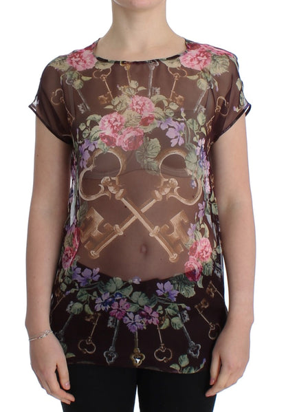 Blouse en soie à imprimé floral noir à motif de clé de Dolce & Gabbana, modèle T-shirt.