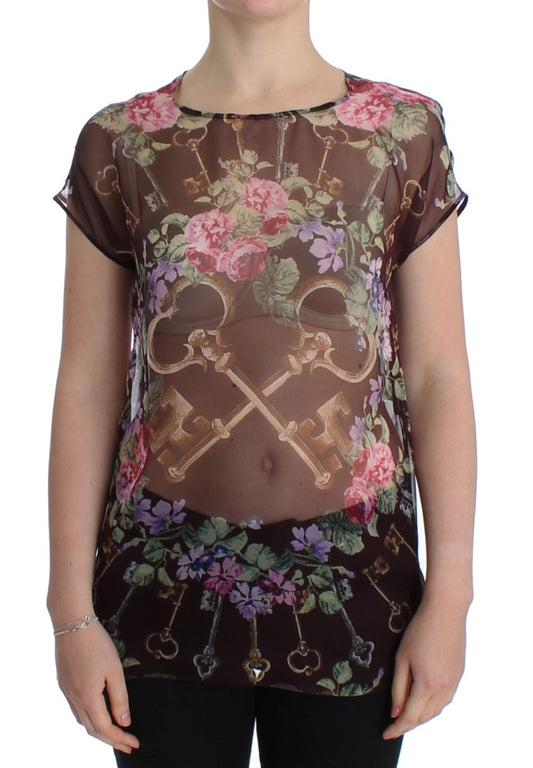 Blouse en soie à imprimé floral noir à motif de clé de Dolce & Gabbana, modèle T-shirt.