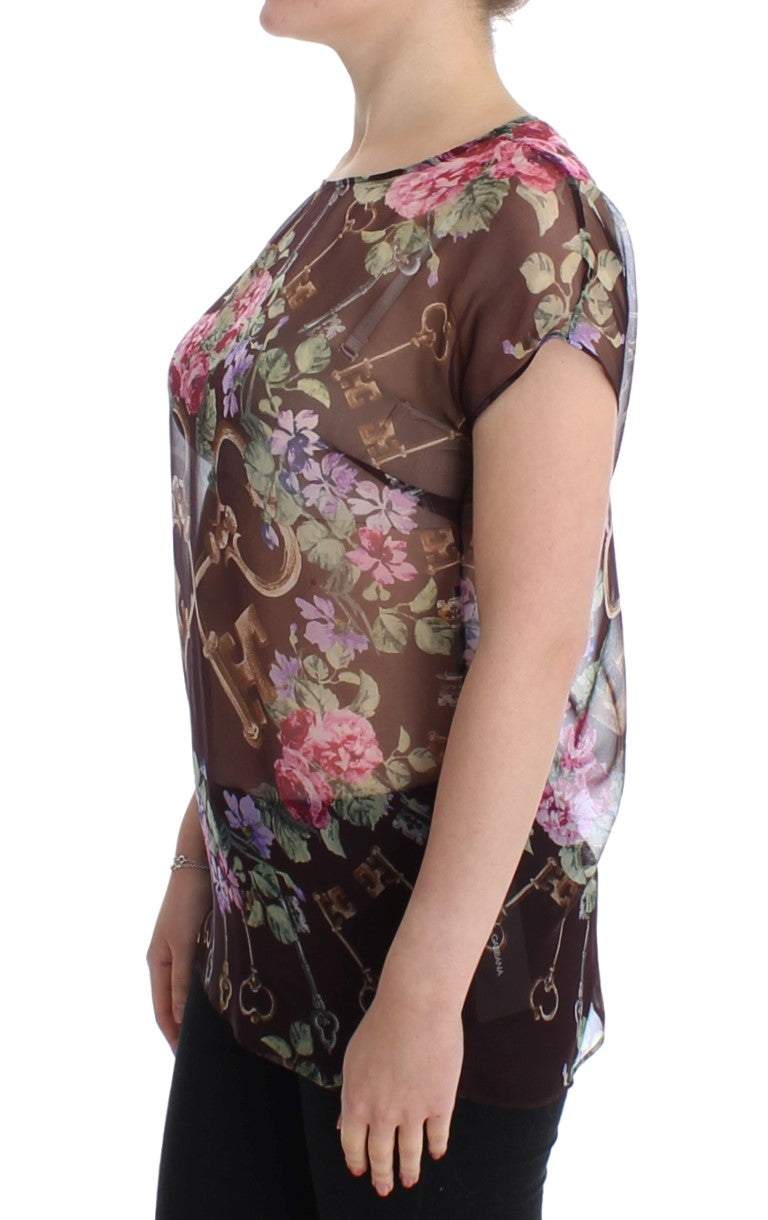Blouse en soie à imprimé floral noir à motif de clé de Dolce & Gabbana, modèle T-shirt.