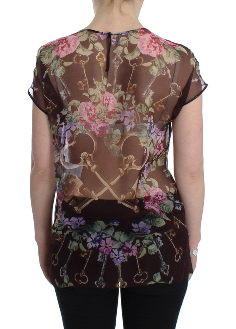 Blouse en soie à imprimé floral noir à motif de clé de Dolce & Gabbana, modèle T-shirt.