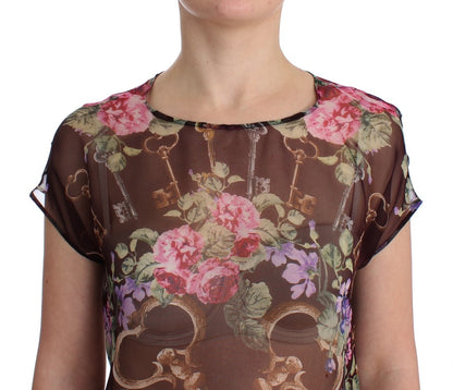 Blouse en soie à imprimé floral noir à motif de clé de Dolce & Gabbana, modèle T-shirt.