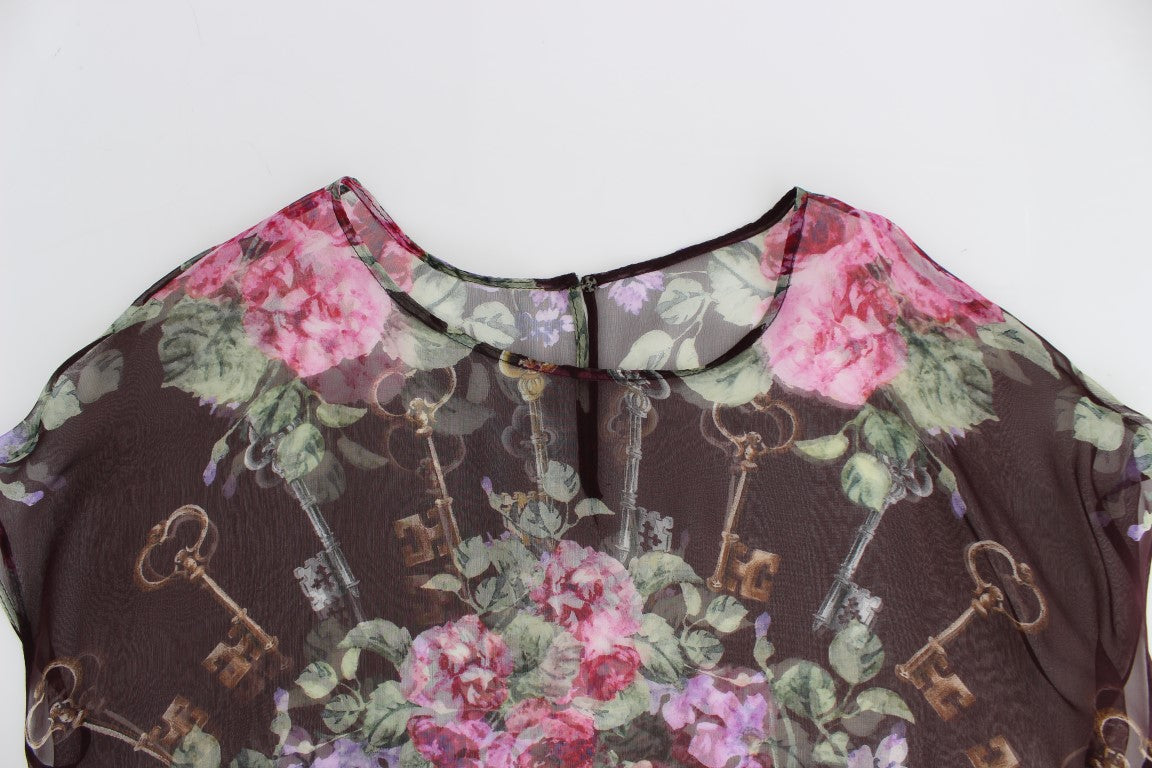 Blouse en soie à imprimé floral noir à motif de clé de Dolce & Gabbana, modèle T-shirt.