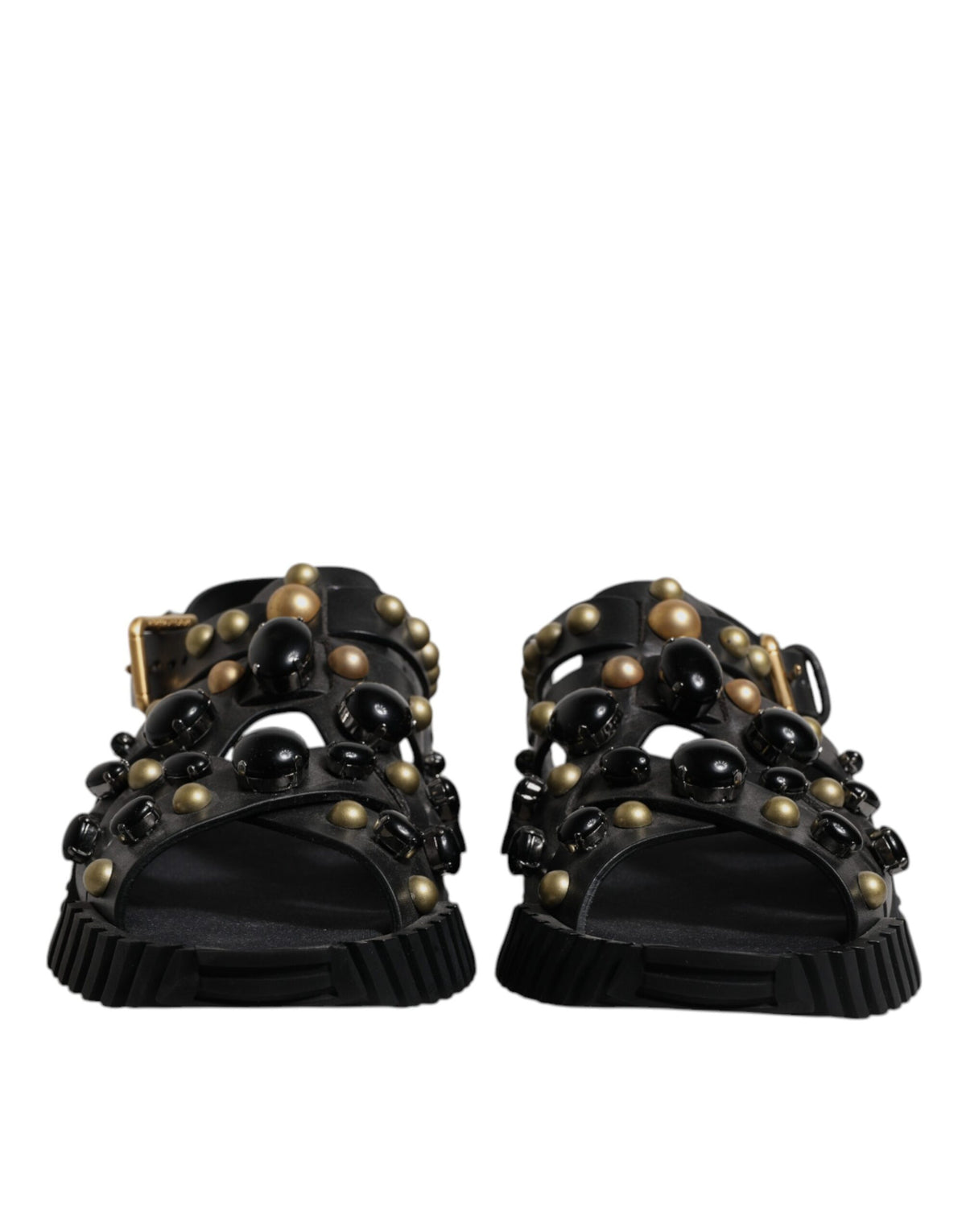 Dolce & Gabbana Black Leather Studded Slides Sandals