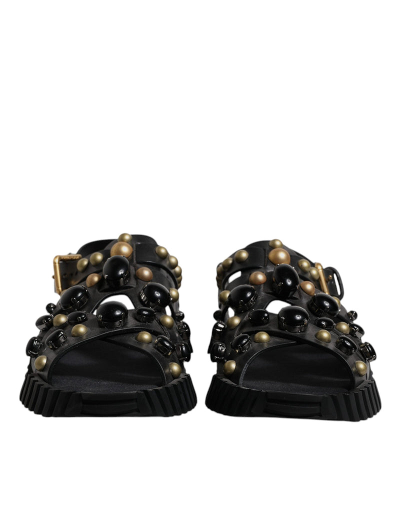 Dolce & Gabbana Black Leather Studded Slides Sandals