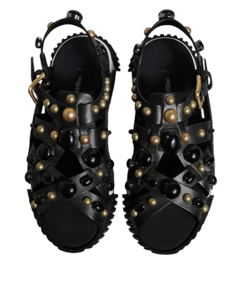 Dolce & Gabbana Black Leather Studded Slides Sandals