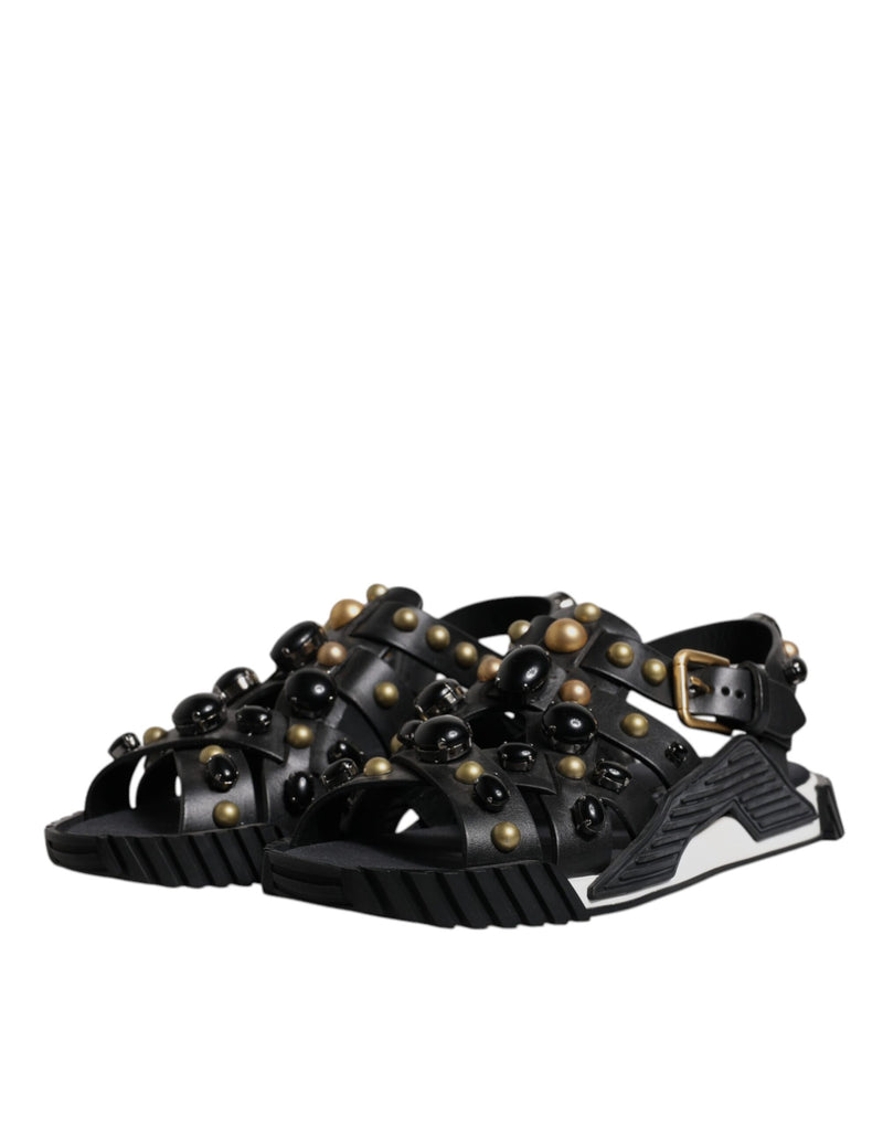 Dolce & Gabbana Black Leather Studded Slides Sandals