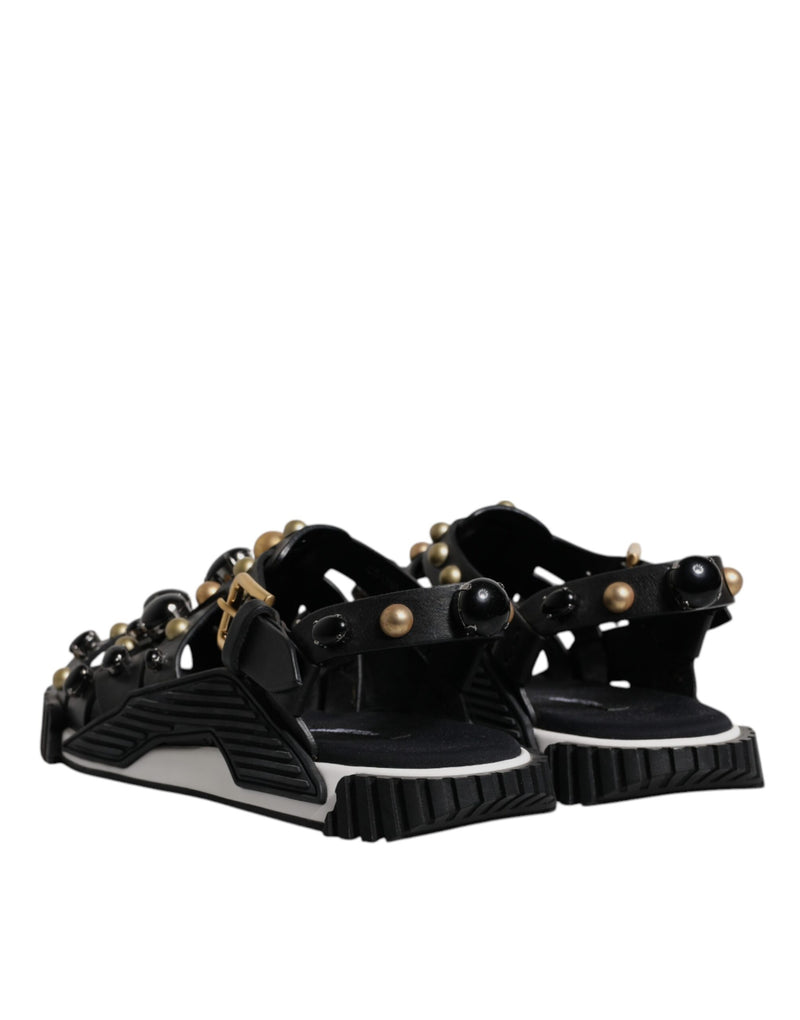 Dolce & Gabbana Black Leather Studded Slides Sandals