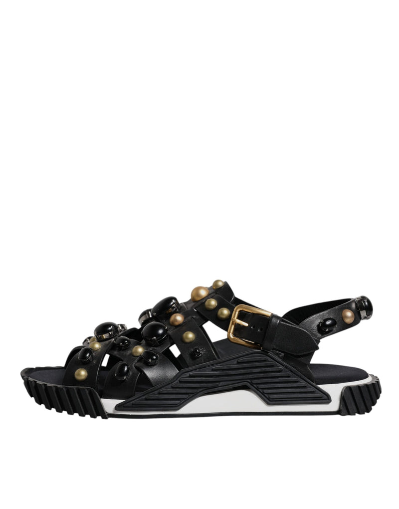 Dolce & Gabbana Black Leather Studded Slides Sandals