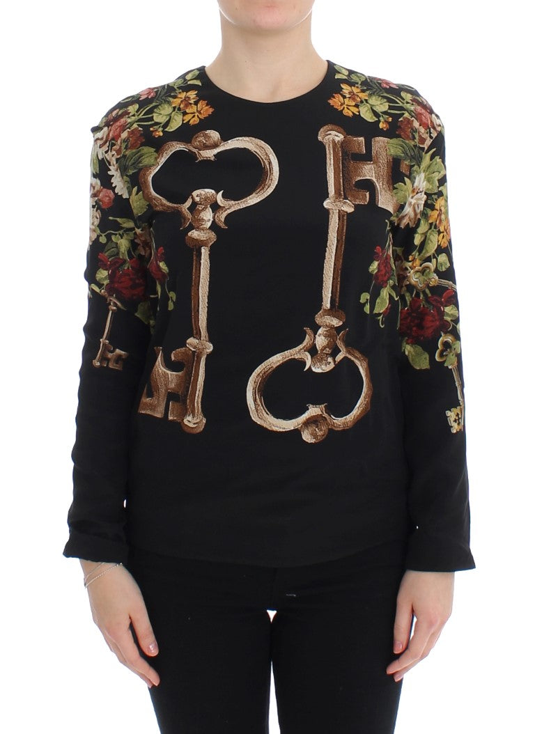 Blouse en soie à imprimé floral noir à motif de clé de Dolce &amp; Gabbana