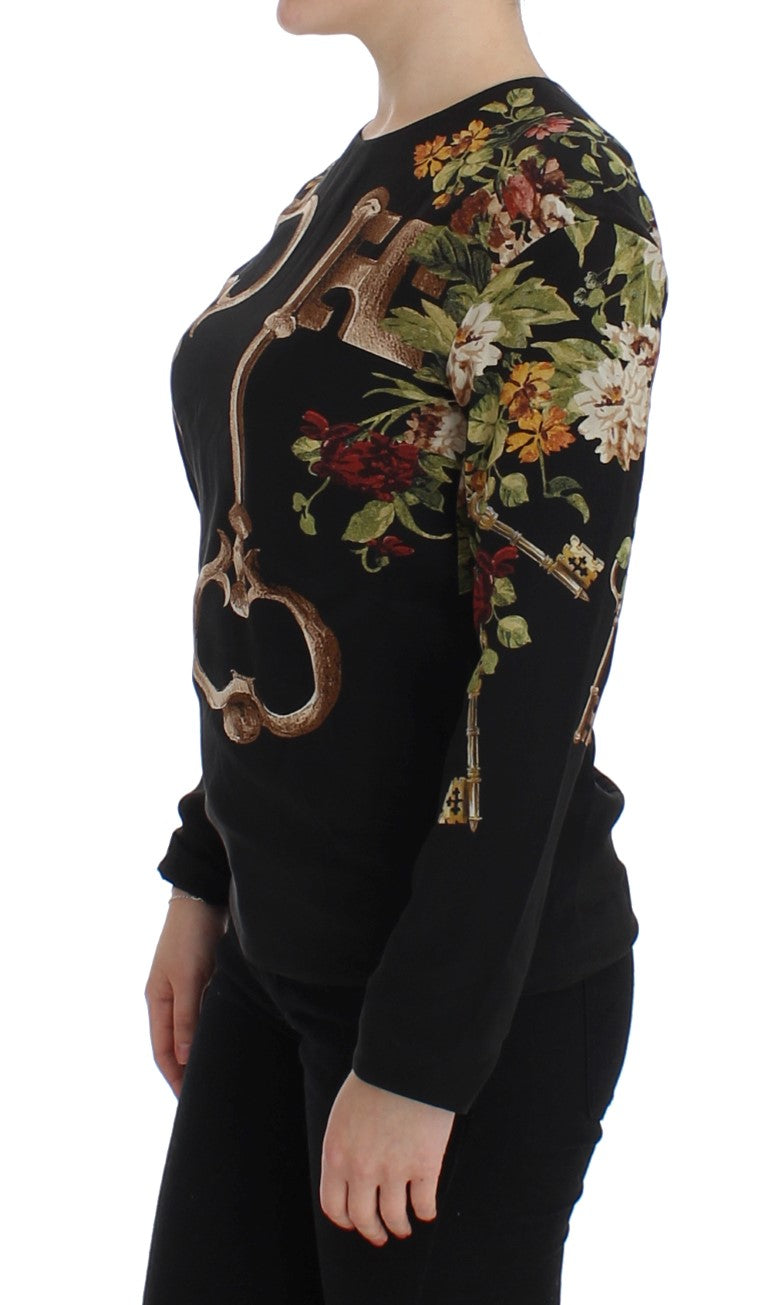 Blouse en soie à imprimé floral noir à motif de clé de Dolce &amp; Gabbana