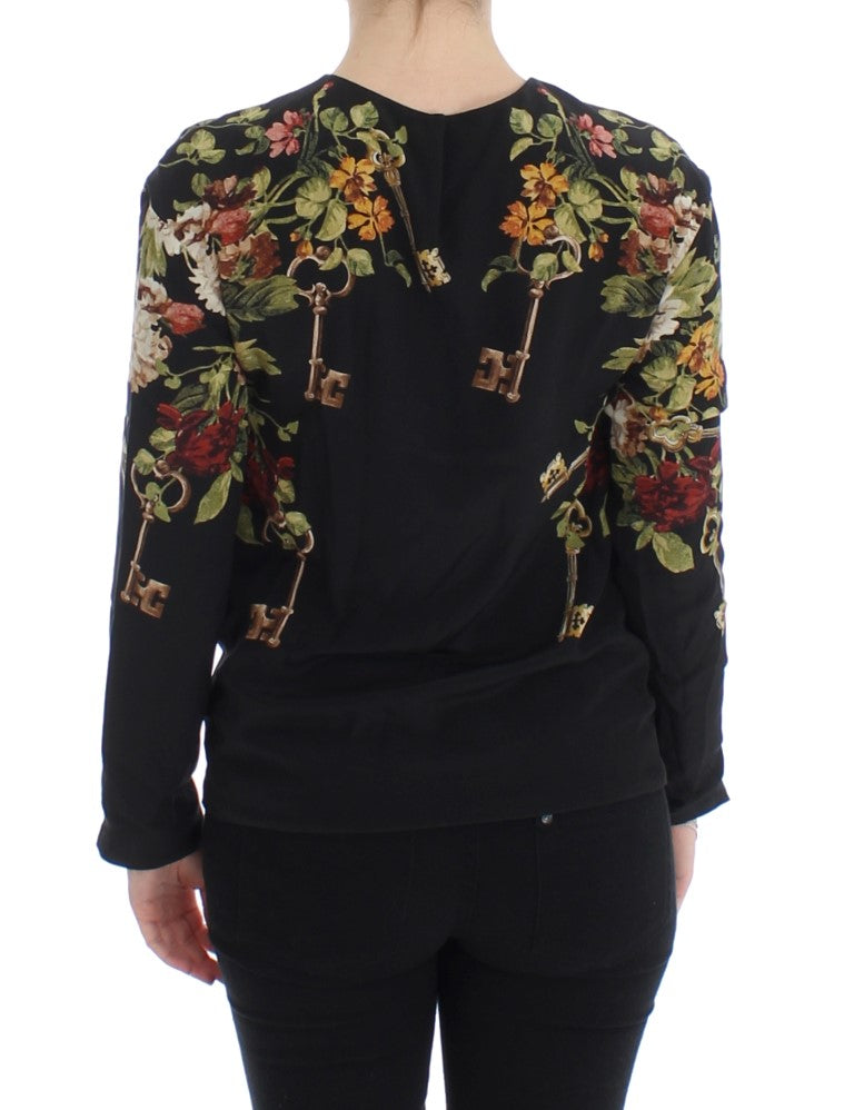 Blouse en soie à imprimé floral noir à motif de clé de Dolce &amp; Gabbana
