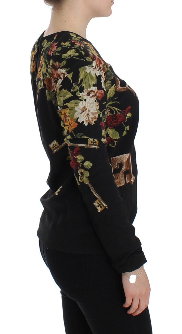 Blouse en soie à imprimé floral noir à motif de clé de Dolce &amp; Gabbana