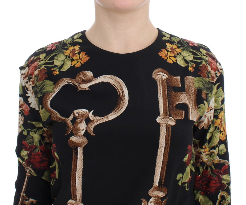 Blouse en soie à imprimé floral noir à motif de clé de Dolce &amp; Gabbana