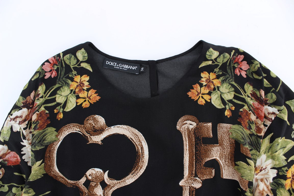 Blouse en soie à imprimé floral noir à motif de clé de Dolce &amp; Gabbana