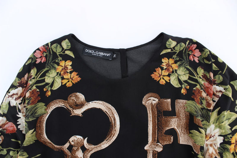 Blouse en soie à imprimé floral noir à motif de clé de Dolce &amp; Gabbana