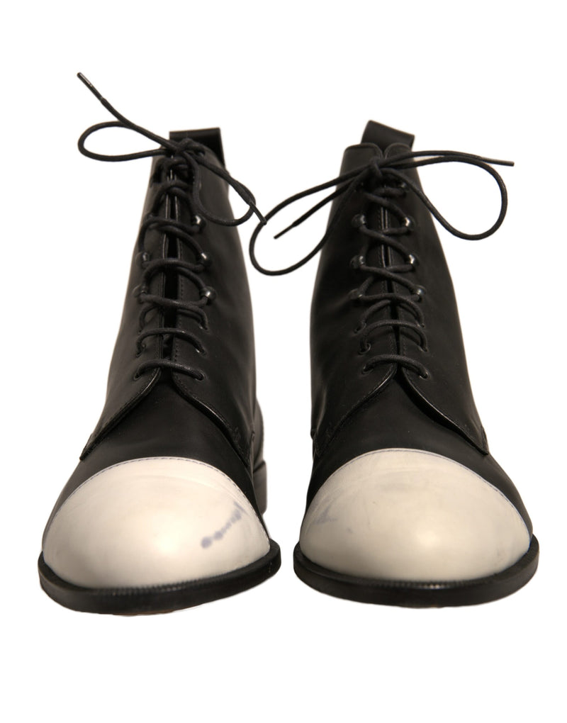 Sergio Rossi Black and White Leather Lace-Up Ankle Boots