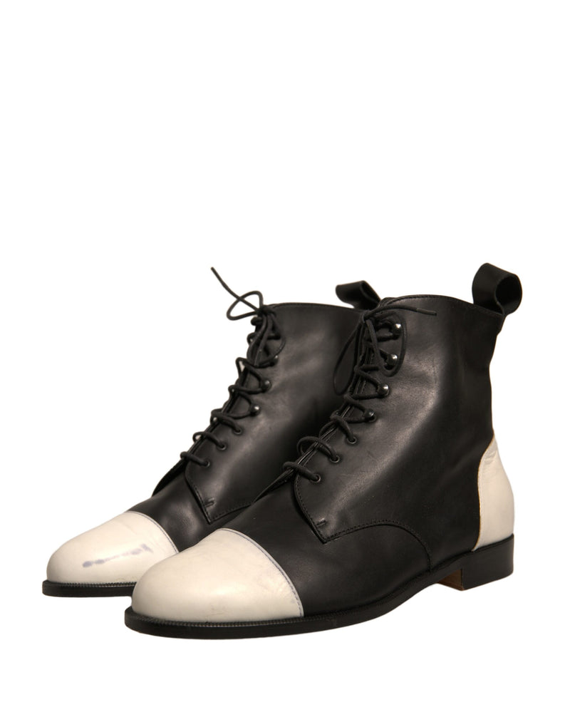 Sergio Rossi Black and White Leather Lace-Up Ankle Boots