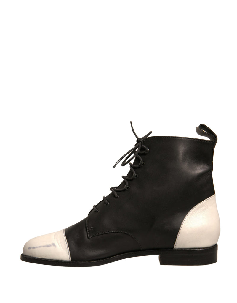 Sergio Rossi Black and White Leather Lace-Up Ankle Boots