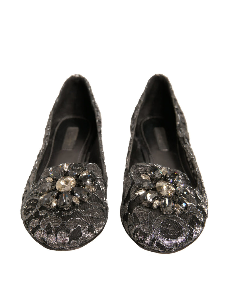 Dolce & Gabbana Silver Crystal Loafer Lace Ballet Flats