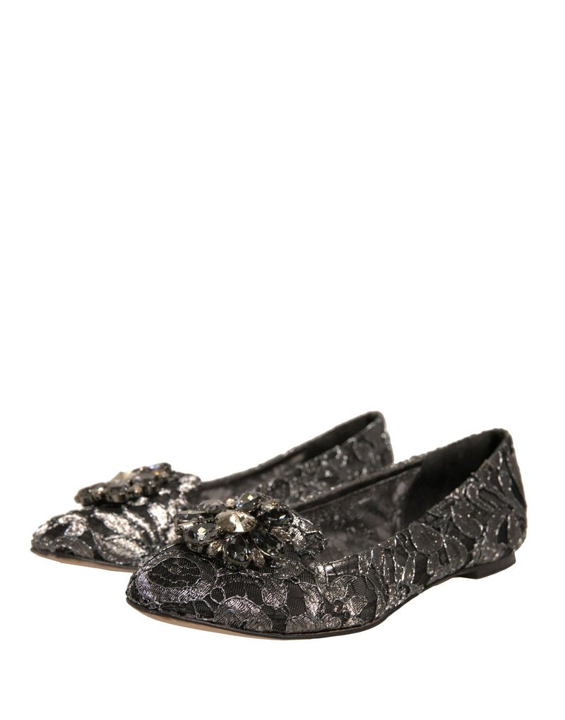 Dolce & Gabbana Silver Crystal Loafer Lace Ballet Flats