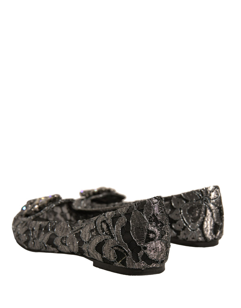 Dolce & Gabbana Silver Crystal Loafer Lace Ballet Flats