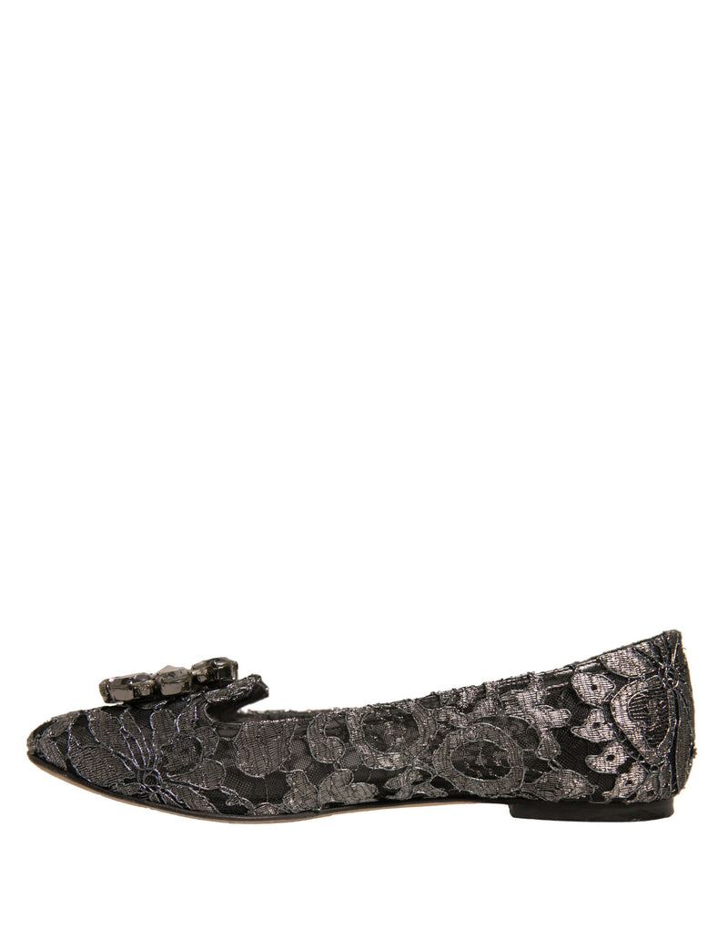 Dolce & Gabbana Silver Crystal Loafer Lace Ballet Flats