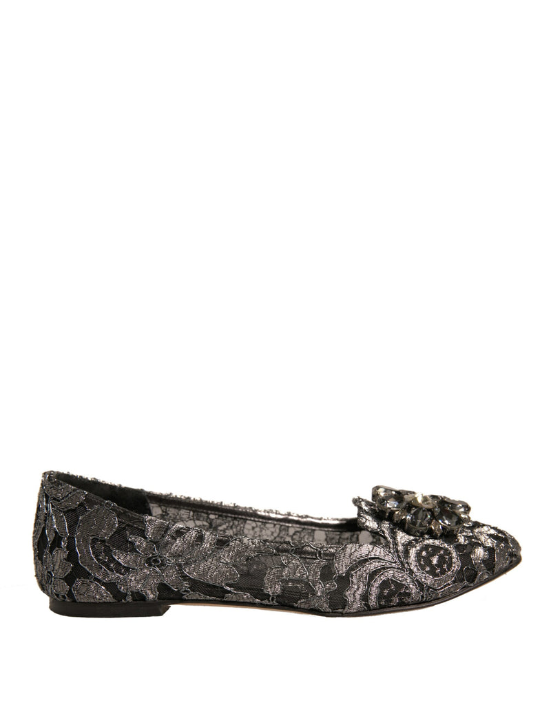 Dolce & Gabbana Silver Crystal Loafer Lace Ballet Flats