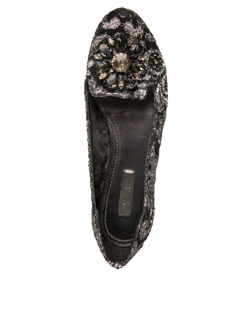 Dolce & Gabbana Silver Crystal Loafer Lace Ballet Flats