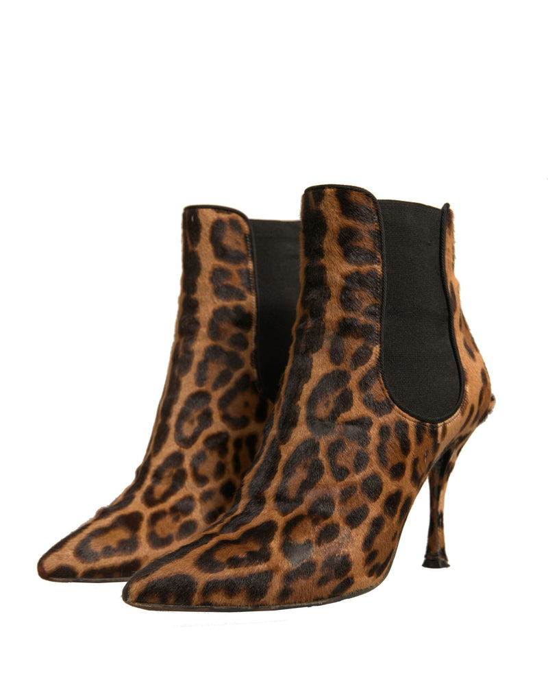 Dolce & Gabbana Brown Leopard Leather Stretch Heels Boots