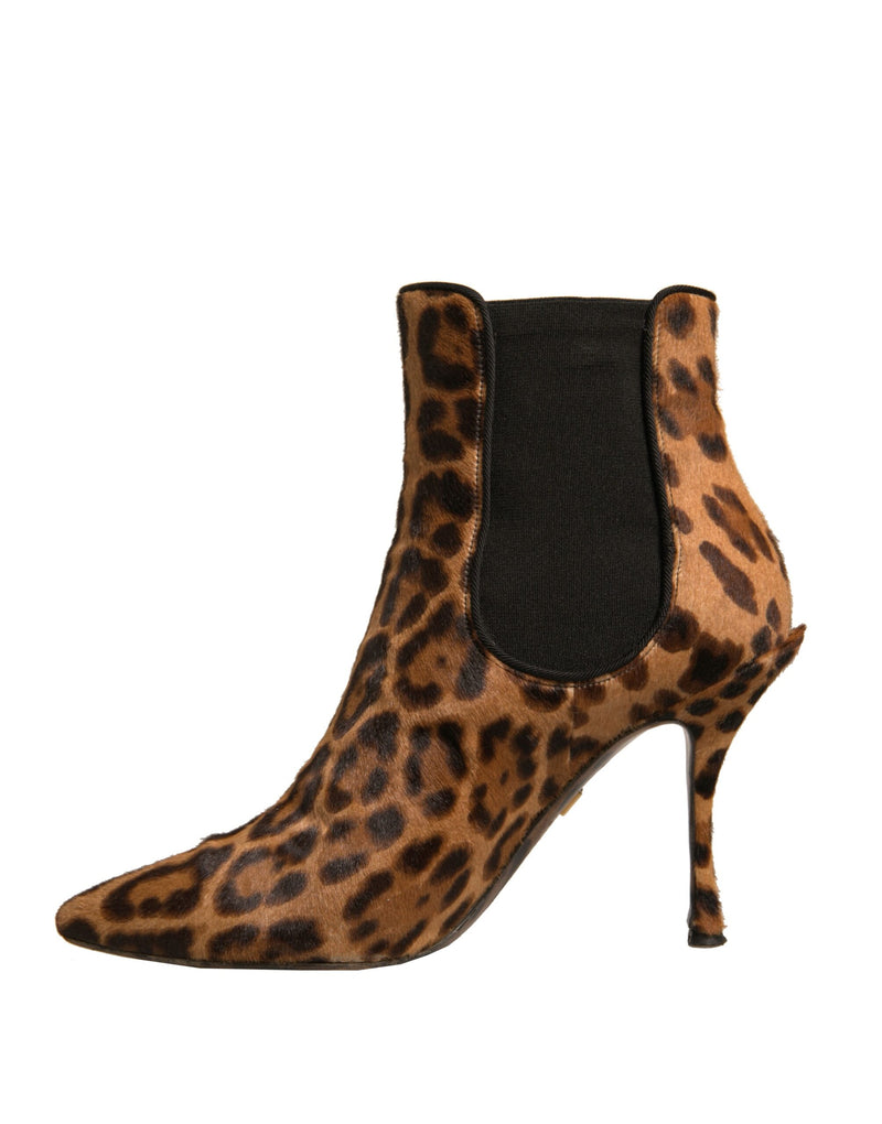 Dolce & Gabbana Brown Leopard Leather Stretch Heels Boots