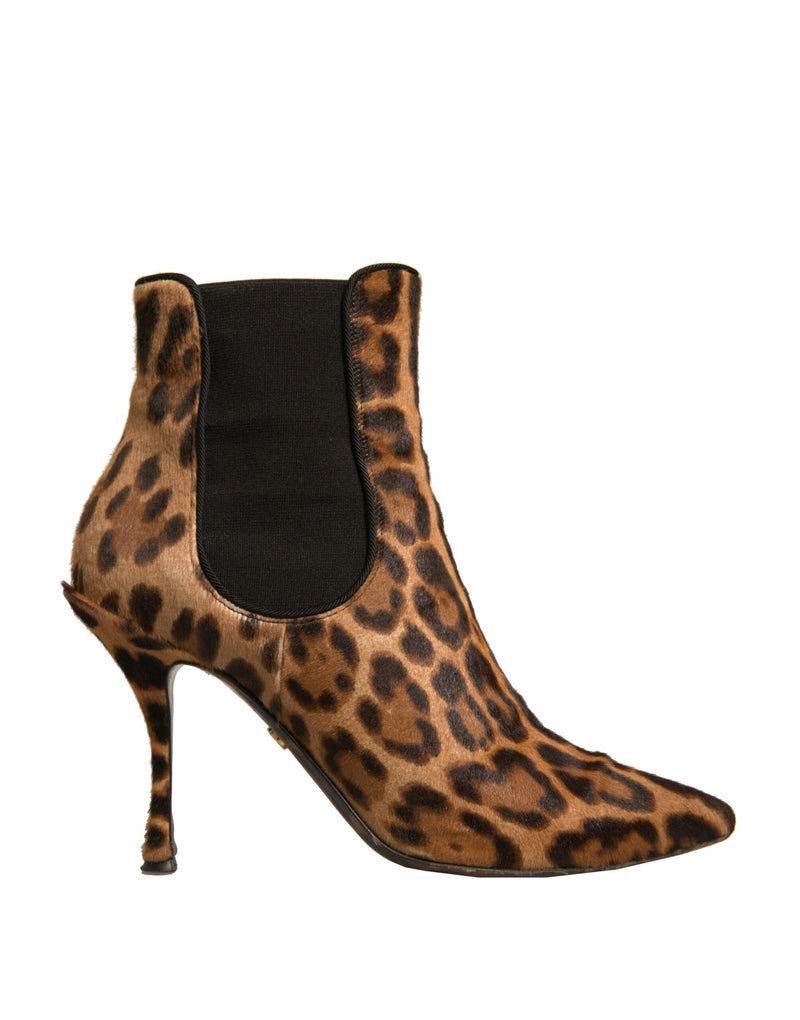 Dolce & Gabbana Brown Leopard Leather Stretch Heels Boots
