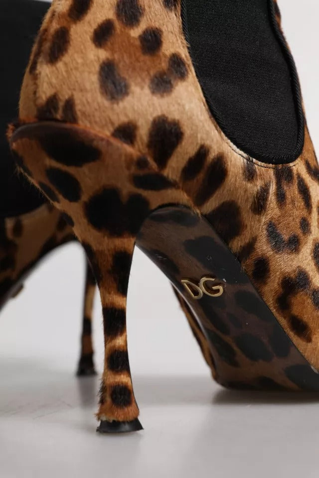 Dolce & Gabbana Brown Leopard Leather Stretch Heels Boots