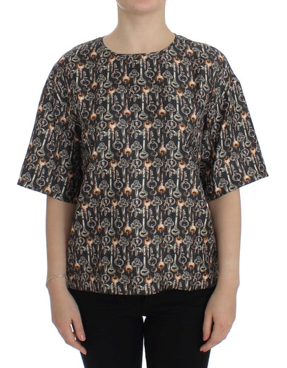 Blouse en soie à imprimé clé dorée grise de Dolce & Gabbana, modèle T-shirt.
