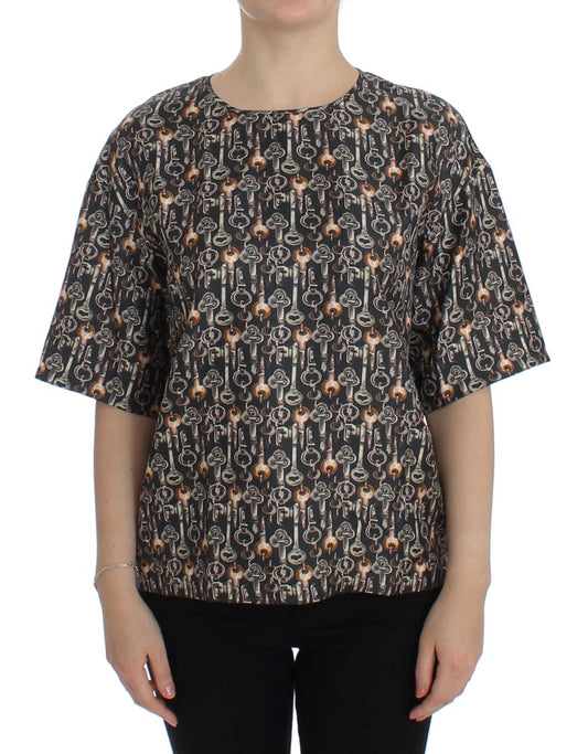 Blouse en soie à imprimé clé dorée grise de Dolce & Gabbana, modèle T-shirt.
