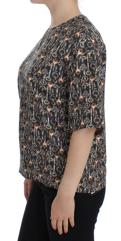 Blouse en soie à imprimé clé dorée grise de Dolce & Gabbana, modèle T-shirt.