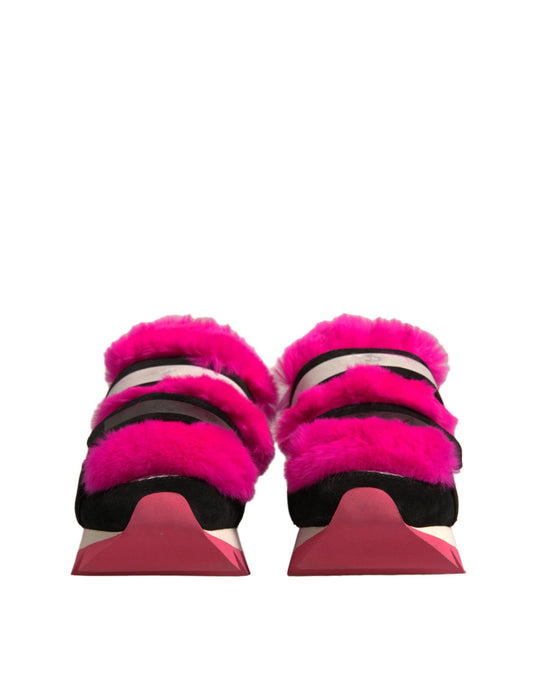 Dolce & Gabbana Black Pink Fur Embellished Sneakers