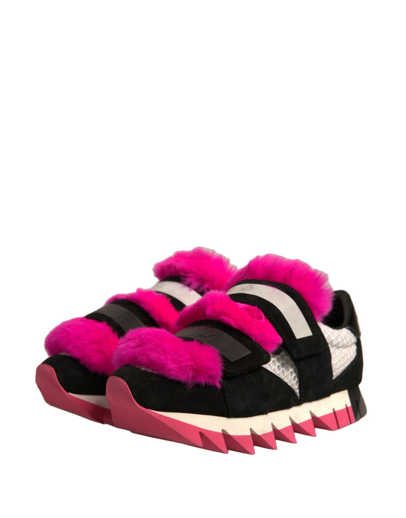 Dolce & Gabbana Black Pink Fur Embellished Sneakers