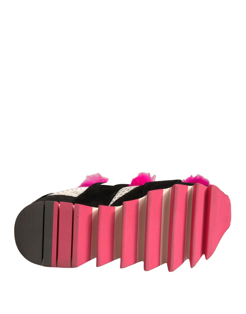 Dolce & Gabbana Black Pink Fur Embellished Sneakers