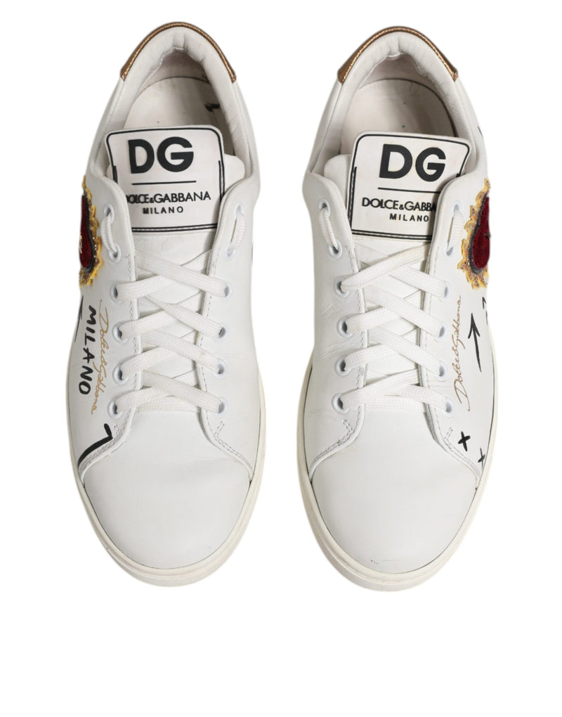 Dolce & Gabbana White Leather Heart Embellished Sneakers