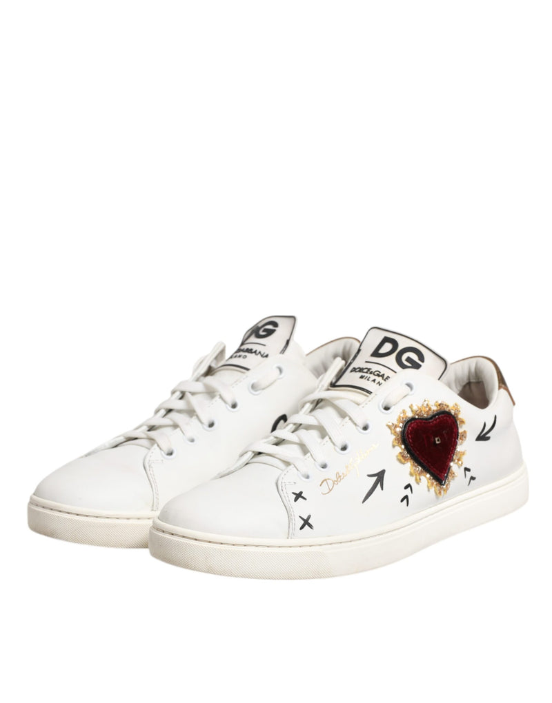 Dolce & Gabbana White Leather Heart Embellished Sneakers
