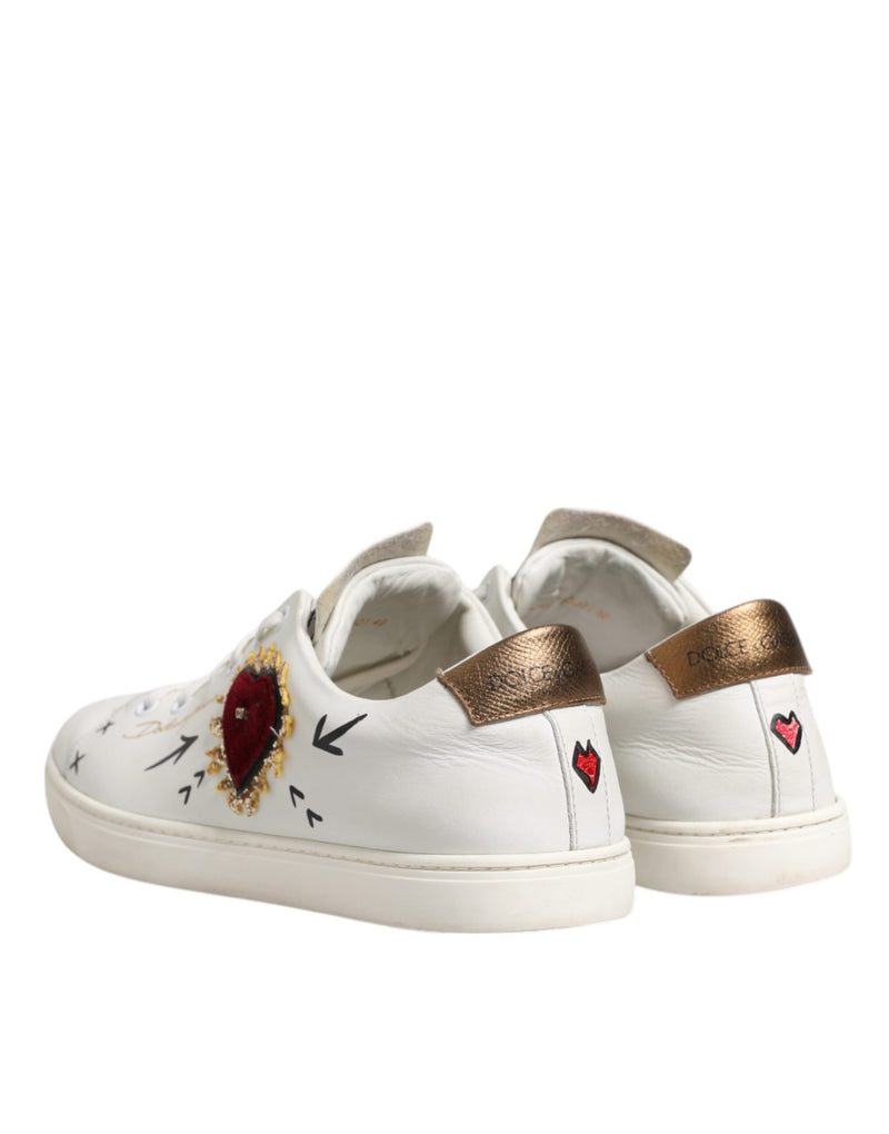 Dolce & Gabbana White Leather Heart Embellished Sneakers