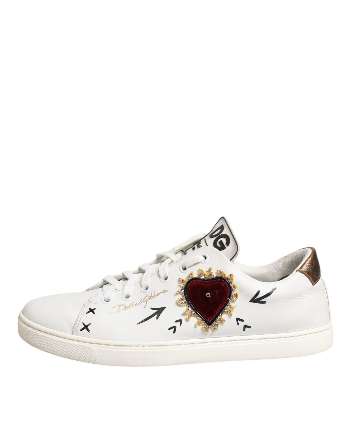 Dolce & Gabbana White Leather Heart Embellished Sneakers