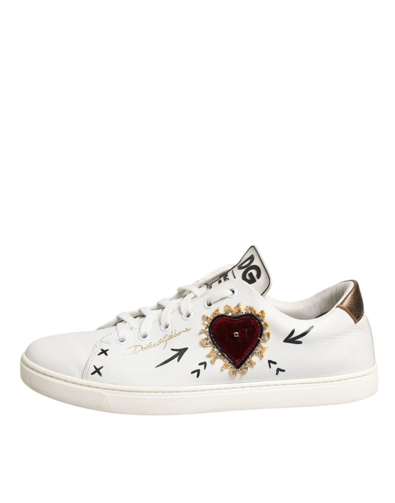 Dolce & Gabbana White Leather Heart Embellished Sneakers
