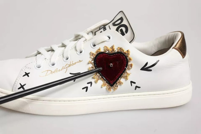 Dolce & Gabbana White Leather Heart Embellished Sneakers