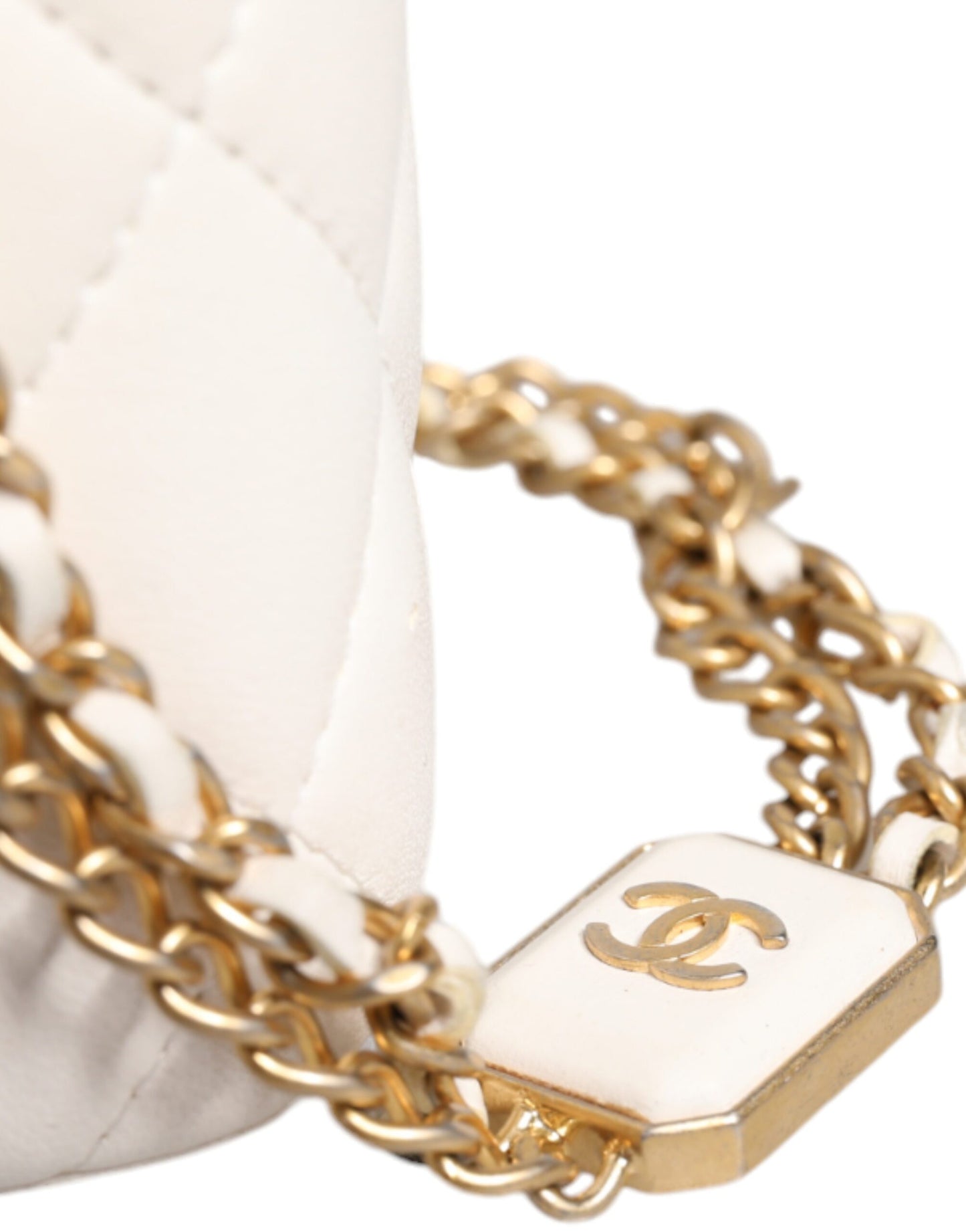 Chanel Witte Matelassé Lamhuid Gold Chain Schoudertas met Spiegeltje