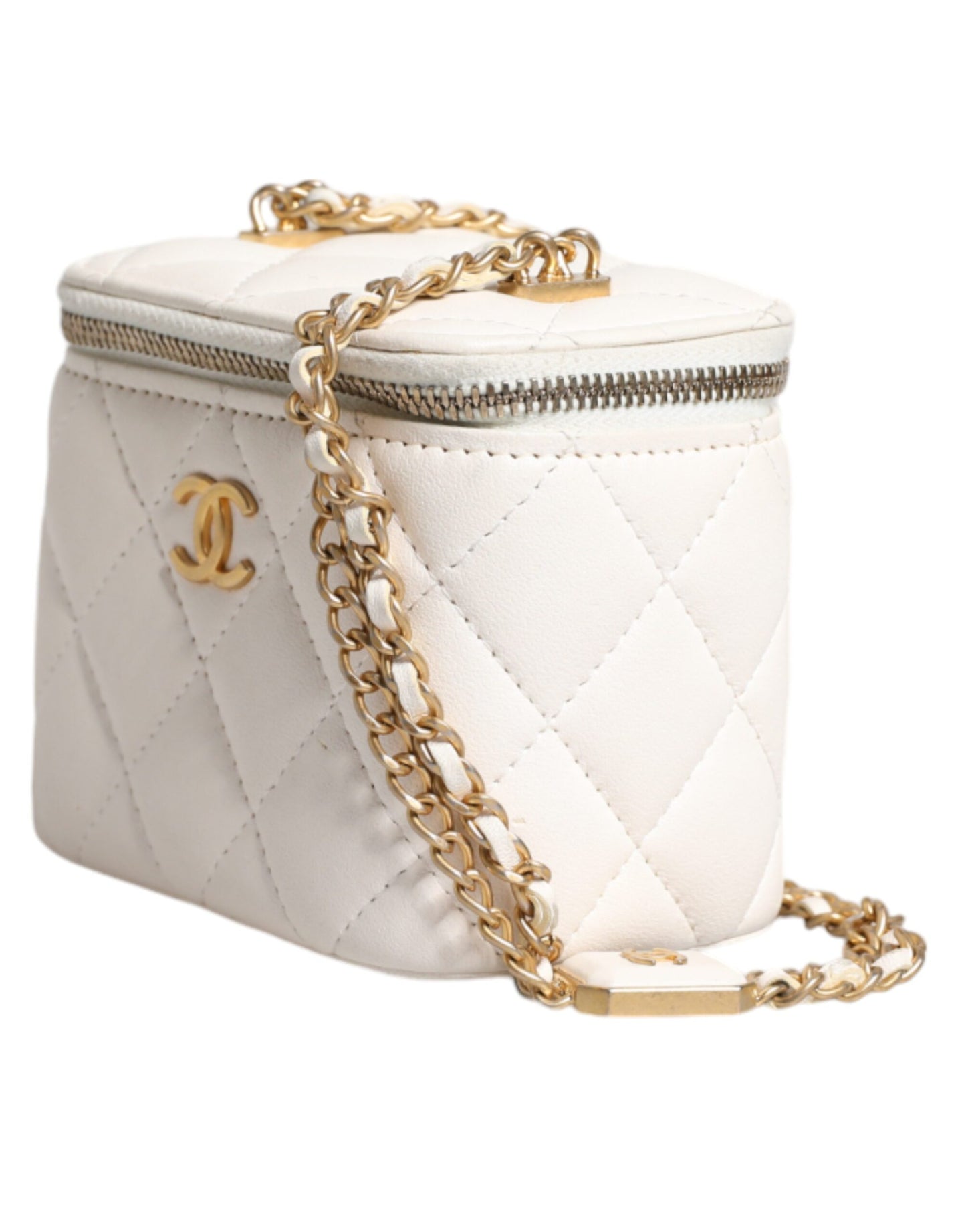 Chanel Witte Matelassé Lamhuid Gold Chain Schoudertas met Spiegeltje