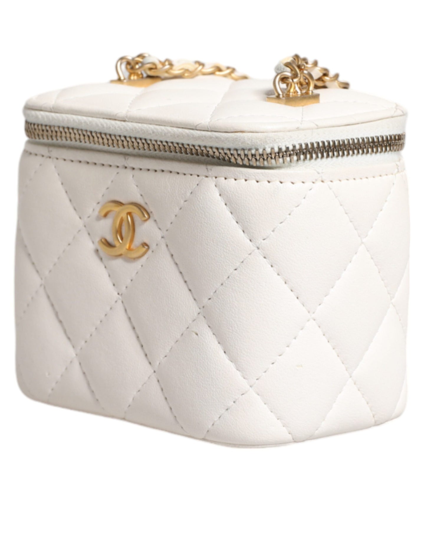 Chanel Witte Matelassé Lamhuid Gold Chain Schoudertas met Spiegeltje