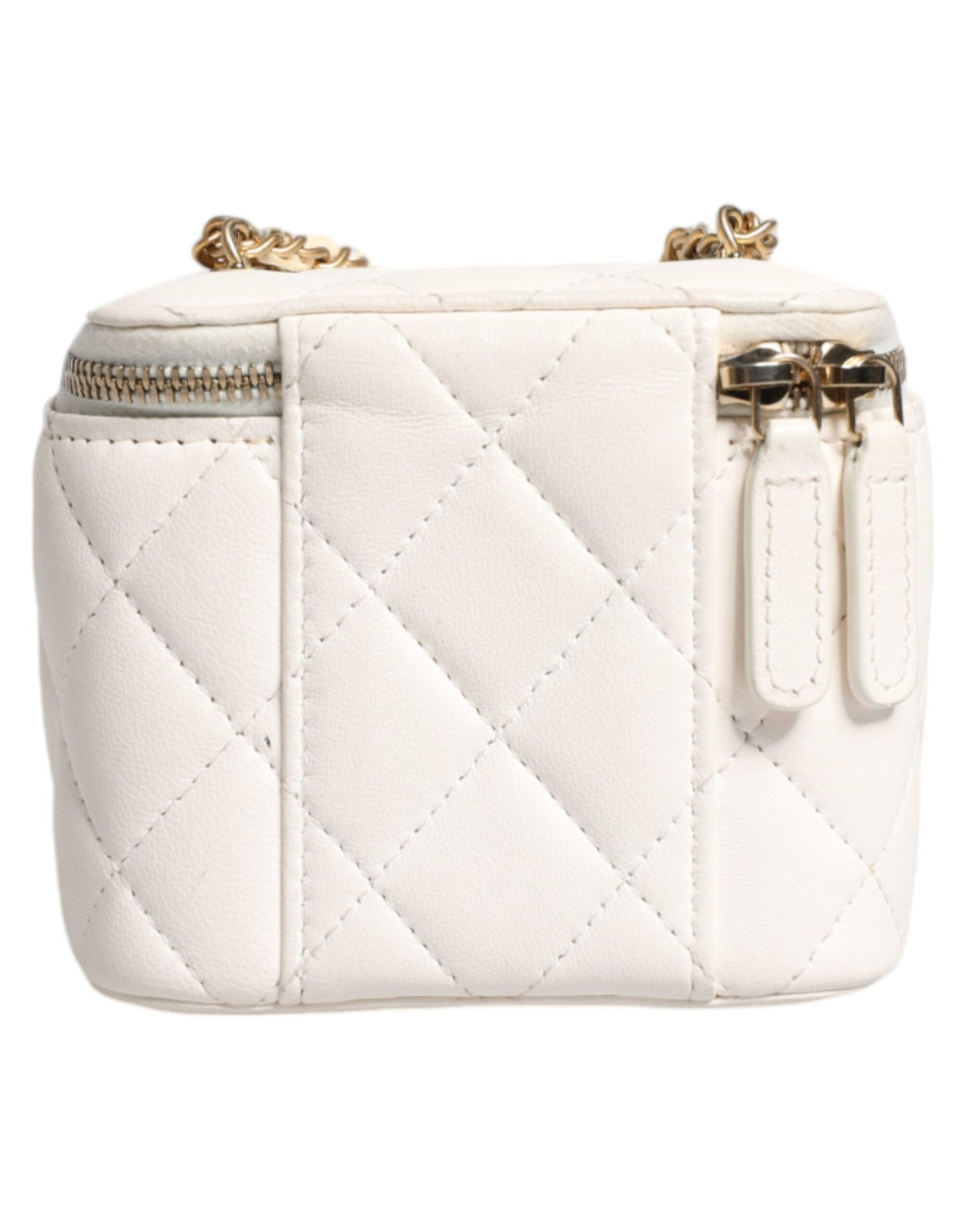 Chanel Witte Matelassé Lamhuid Gold Chain Schoudertas met Spiegeltje