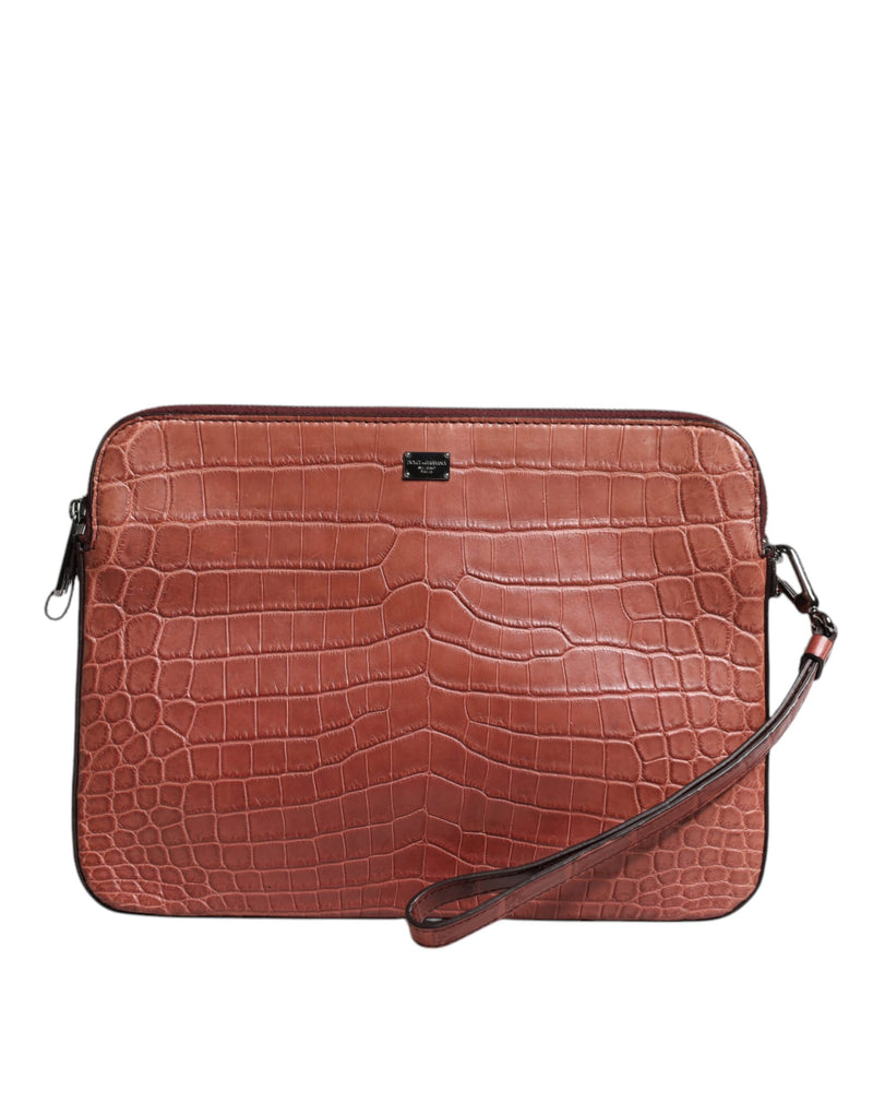 Sac porte-documents pour homme Dolce & Gabbana en cuir croco bordeaux avec plaque logo