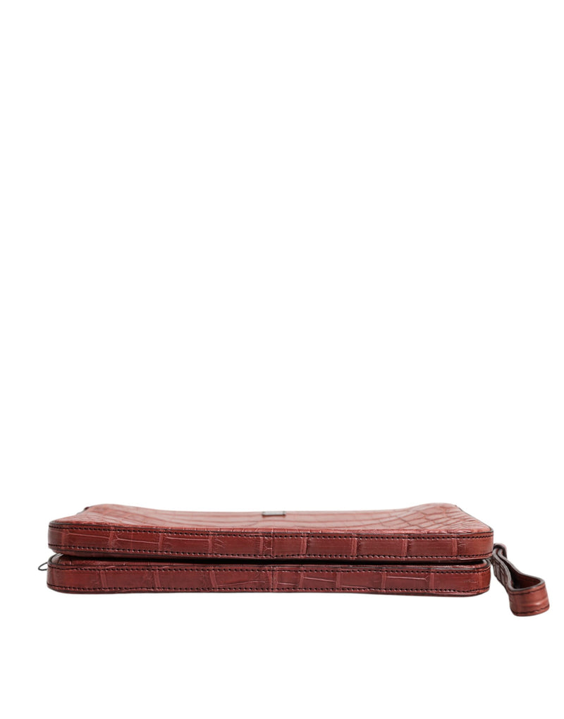 Sac porte-documents pour homme Dolce & Gabbana en cuir croco bordeaux avec plaque logo
